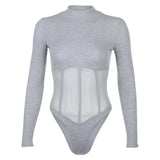 Sleeve Bodysuit Fashion Mesh Patchwork O Neck Casual Spring Winter Body Sexy Women 2020 Bodysuits