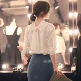 Long Sleeve White Blouse Women Back Bow V-neck Korean Style Solid Tops Chiffon Blouse Office Lady Style
