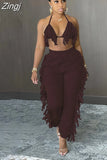 Y2K Tassel Women's Two Piece Sets Summer Halter Backless Crop Top And Pants Matching Sets Solid Slim Casual