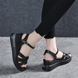 Women's Slope Heels Cross-Woven Buckle Fashion Loose Cake Sandals Inside The Height Heel Casual Large-Size