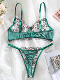 Sheer Lace Foliage Embroidered Lingerie Set- Outfit