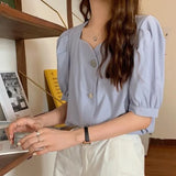 Women Square Collar Puff Sleeve Button Korean Style Elegant Chiffon Trendy Female Top Blusas All-match Summer Popular