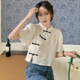 Women New Chinese Style Button Design Vintage Tender Stand Collar Fashion Loose Casual Solid Temperament Summer
