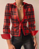 Zingj Wise Burst Spring Long Sleeve V Collar PU Leather Splicing Women's Shirt Shirt