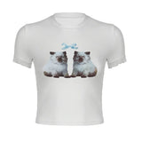 Summer New Ins Style Street Girls Slim, Thin, Short Sleeves, Cat Bowtie Printed