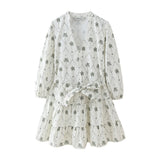 New V-Collar Belt Printed Dress