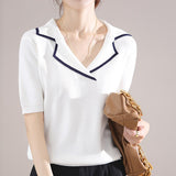 New Knitted Tees Short-sleeved Women's Lapel Pullover Vest Casual Color Contrast Tops Female Sweater Jacket
