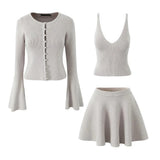 Beige Knit Pearl Buttons Knitted Cardigan Crop Top And Mini Skirt Set- Outfit