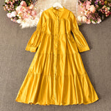 Zingj Temperament Aging Solid Color Simple Dress Autumn Dress Korean Version Fashion Bubble Long Sleeves Show Thin Button Long Skirt