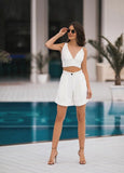 Summer V Neck Strap Crop Top + High Waist Shorts Women's Solid Color