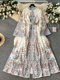 Zingj Dress New Vintage Print Round Neck Horn Sleeve Dress Women's Single Breasted Large Pendulum Irregular Pleated Long