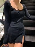 Autumn Spring Women Sexy Lace Patchwork Long Sleeve Split Dress Hip Package Mini Vestido Party Club Low Chest Outfits