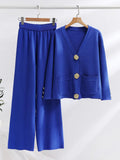 Winter New Women's Knitted Sets Fashion Large Gold Button V-Neck Sweater Wide Leg Pants Suits Thicken Knit Two Piece