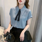 Zingj Shirt Female Summer Short Sleeve 2023 New Tie Design Sense Niche Shirt Temperament All-Match Professional