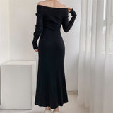Zingj Hepburn Style Advanced Sexy Shoulder Black Long-Sleeved Knitted Dress Women's Autumn Temperament Slim