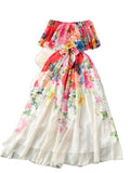Series Holiday Dress Women's 2024 New Design Feeling Printed Lotus Leaf Edge One Word Shoulder-Length Chiffon