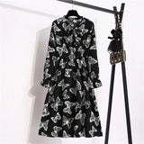 Summer Dress Women Lady Korean Style Vintage Floral Printed Cotton-Chiffon Shirt Dress Long Sleeve Bow Midi Dress