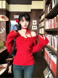 Red 3D Flower Off-Shoulder Long Sleeve Top-Outfit