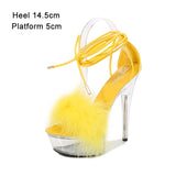 Shuzumiao Women's Sandals 2021 Summer New Waterproof Platform Transparent Fur High Heels Cross Straps Thin Heel Pole Dance