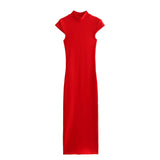 Spring Style Slim Dress With Thin Collar And Solid Color 4174308