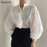 Puff Sleeve White Shirts Blouse Women New Spring Single-breasted Shirt Tops See Through Sexy Loose Blouse Female