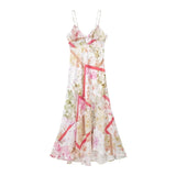 Spring Translucent Spliced Lace Dress With Printed Suspenders