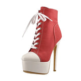 Onlymaker Women's Canvas Platform Lace Up Ankle Boots16cm High Heel Side Zipper Plus Size Fashion Sexy Stiletto