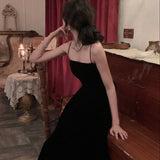Women Elegant Spaghetti Strap Midi Black Velvet Dress Sexy Prom Evening Party Birthday Club Fashion