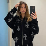 rhinestone graphics Oversized Hoodies Female Zip Up Long Sleeve Women's Sweatshirt Y2K Aesthetic Winter Grunge