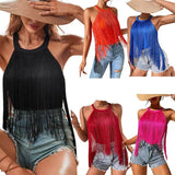 Women's Hot-Selling Solid Color Sleeveless Neck Top Ladies' Fashionable Tassel Beach