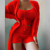 Women Solid Suits 2022 Spring Fleece Homewear 3pcs Set Sexy Drawstring Vest + Elastic Waist Shorts + Cardigan Pocket