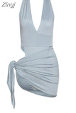 Solid Deep V-Neck Two Piece Sets Halter Top And Mini Skirts Backless Summer Midnight Club Partywear Ruched Women Sets