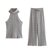 New Collar Sleeveless Blouse Wide-Leg Casual Trousers Silk Satin