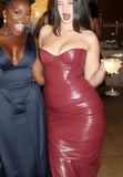 Burgundy Strapless PU Leather Maxi Dress- Outfit