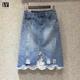 VAREY LIN 2022 New Spring Women Denim Skirts Casual Lace Irregular A-line Skirts High Waist Hole Split Denim Skirt