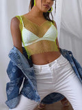 Diamonds Mesh Cropped Tank Top Women Summer Cover Up Bikini See Through Rhinestone Net Party Club Crop
