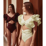 New Sexy Ruffle Print Floral One Piece Swimsuit Blue and white porcelain Swimwear Women Bathing Suit Deep-V