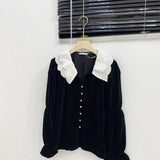 French Style Black Velvet Shirt Double Lace Collar V-neck Lantern Sleeve Chic Autumn Blouse Womens Velour Tops