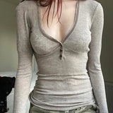 Zingj Hot Sexy Collarbone Button Deep V Collar Slim Top 2024 Spring Vintage Knit T-Shirt Female