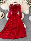 Women Lace Patchwork Pleated Long Dress Vintage Round Neck High Waist Big Swing Draped Vestidos Female Green/Red Robe