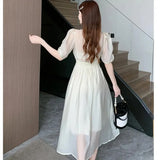 New French Midi Dresses for Women 2023 Elegant Party V-neck Bubble Sleeve Small Fresh Temperament A-line Female