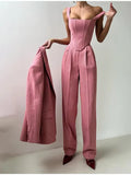 Fashion Casual Women's Commuting Fish Bone Sling Suit Jacket Trousers Three-Piece Set Of