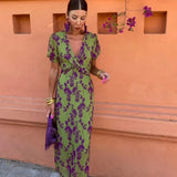 Summer Women's Fashion Folding Print Dress Elegant Body V Collar Short Sleeve