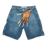 Zingj New Hip-Hop Funny One-Hand Pattern Printed Denim Shorts Men's High Street Fashion And Leisure 211-1-Outfit