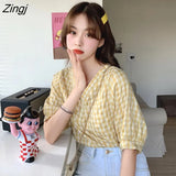 Women Ins Plaid Summer Chic Retro Design V-neck Puff Sleeve Womens Shirts All-match Lovely Trendy College Girls