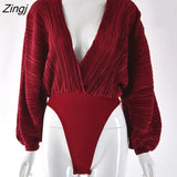 Deep V Neck Sexy Bodysuit For Women Long Sleeve Loose Ruched Body Tops Female Casual Solid Slim Body Suit Party