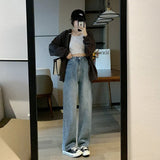 Korean jeans Women Mopping Trousers Denim Vintage blue streetwear high waist wide leg pants trousers Femme
