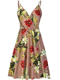 Summer V-neck Printed Dress Women's Pleated Pocket Large Swing Suspender Skirt Temperament Casual Plus Size Women's