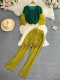 Vintage Women Draped Two Piece Set Blue/Red/Yellow Patchwork O-Neck Short Tops + High Waist Pleated Pant Suits Female