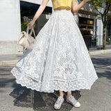 Midi Long Lace Skirts Spring Summer Elastic High Waist Female Mesh Pleated Skirt Fairy